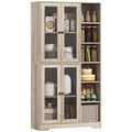 172 cm Tall Kitchen Cupboard, Pantry Storage Cabinet with Tempered Glass Doors and Soft-Close Hinges, Freestanding Kitchen Cabinet with Adjustable Shelves and 6 Open Shelves, Light Grey