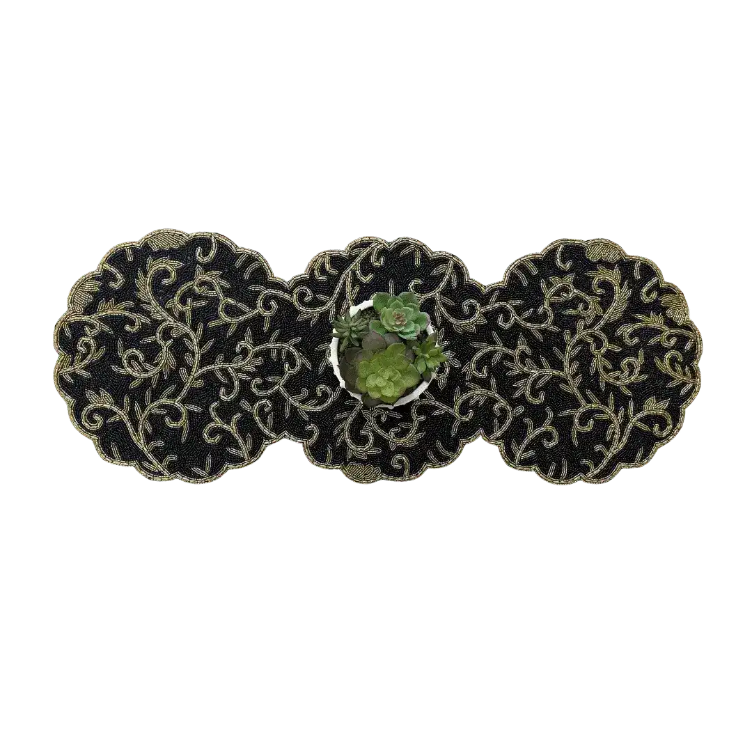 Classic Floral Motif Beaded Table Runner - Black/Gold