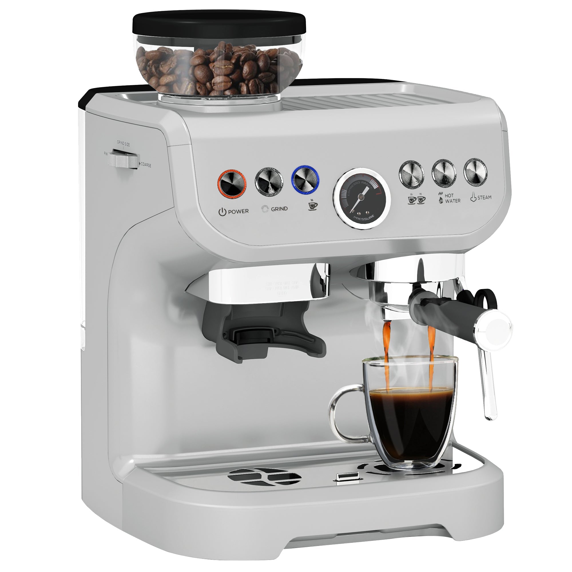 Espresso Machine with Integrated Bean Grinder & Steam Wand, Stainless Steel Silver