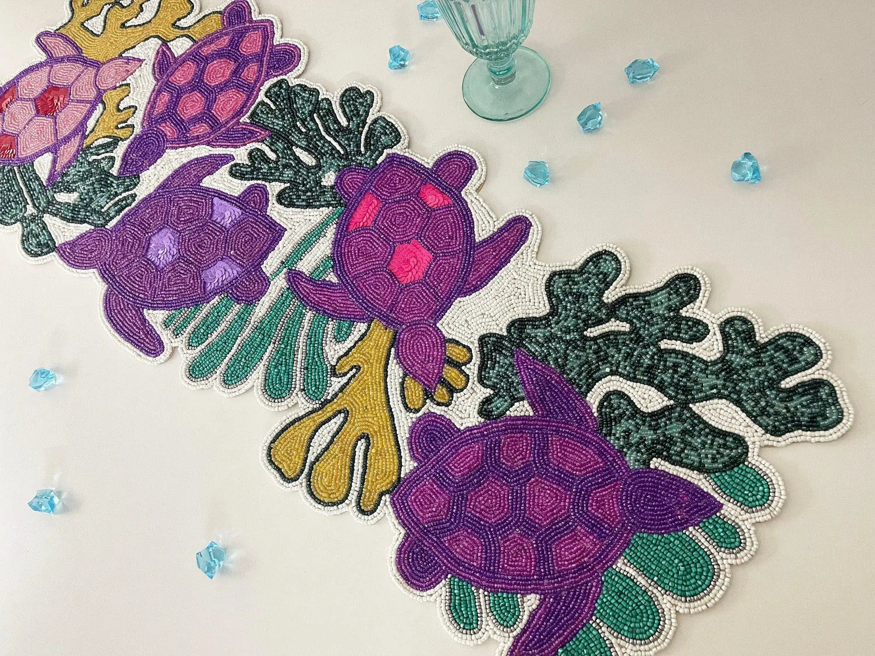 Coastal Oceanic Sea Turtle and Coral Beaded Table Runner