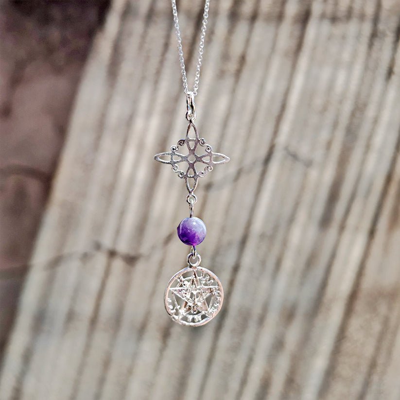 Colgante Nudo de Bruja & Tetragramaton con Bola Amatista S925