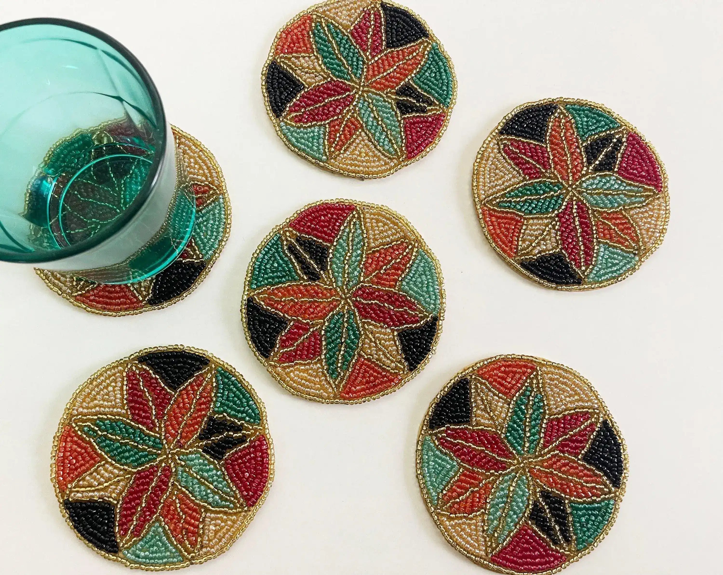 Colorful Floral Round Beaded Coaster Set of 6