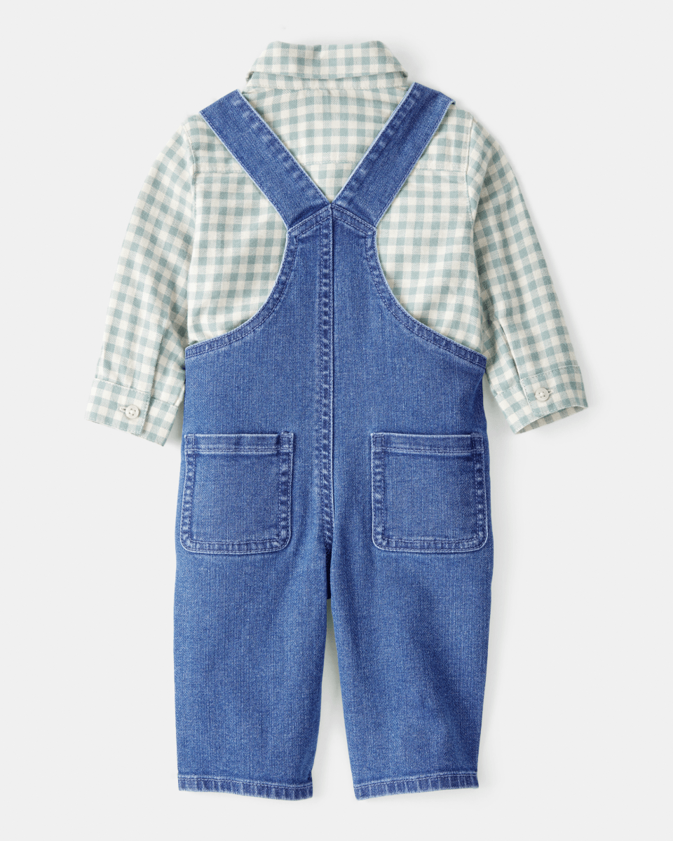 Conjunto 2 piezas camisa de cuadros y peto denim