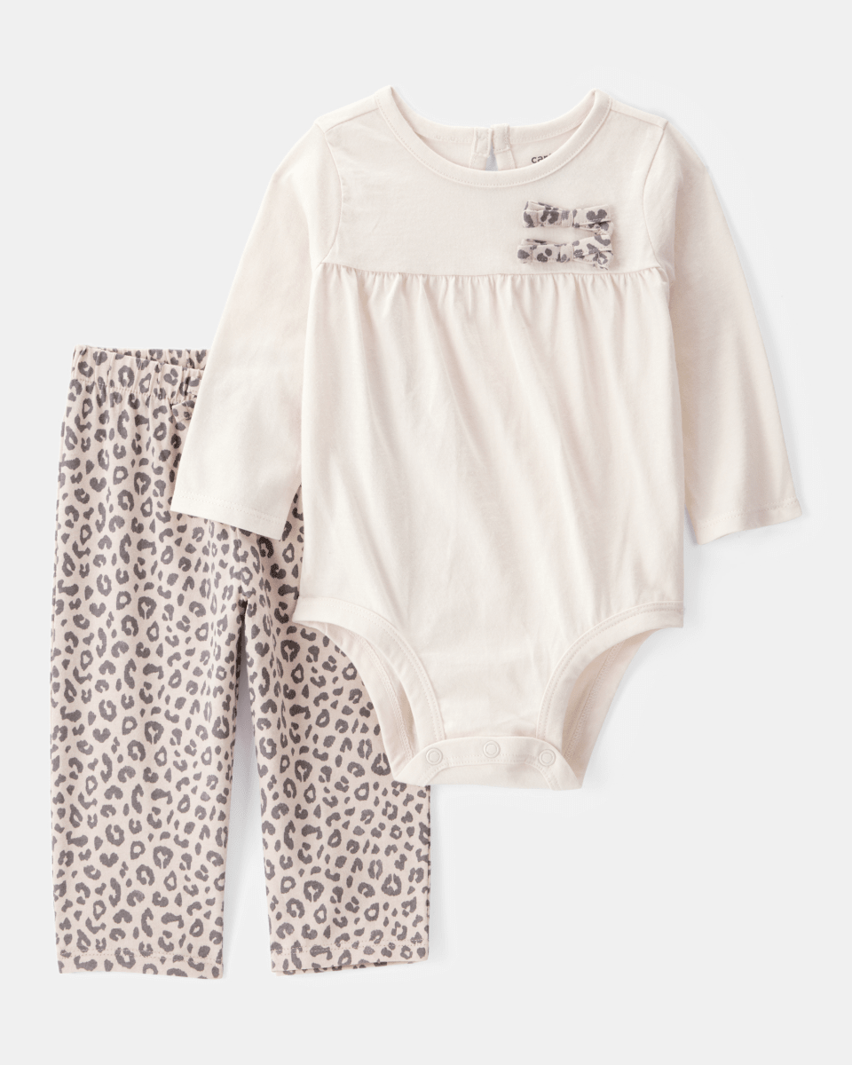 Conjunto 2 piezas con body de lazos y pantalón leopardo