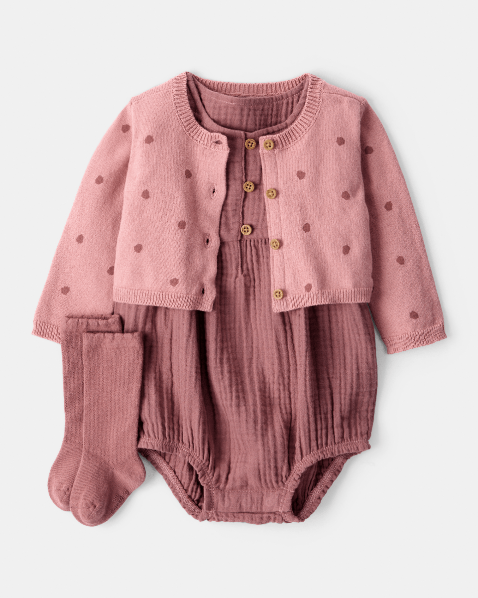Conjunto 3 piezas body burbuja, cárdigan de bellotas y leotardos