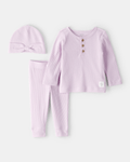Conjunto 3 piezas, camiseta de algodón, pantalón y gorro, diseño liso en color lavanda