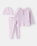 Conjunto 3 piezas, camiseta de algodón, pantalón y gorro, diseño liso en color lavanda