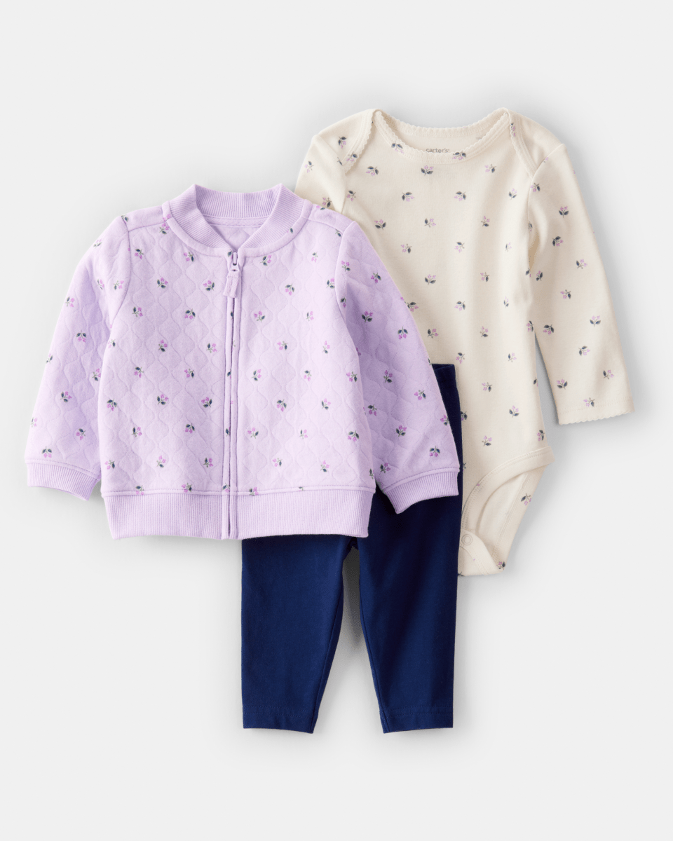 Conjunto 3 piezas cárdigan bomber morado, body y pantalón