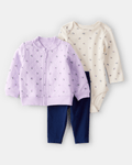Conjunto 3 piezas cárdigan bomber morado, body y pantalón