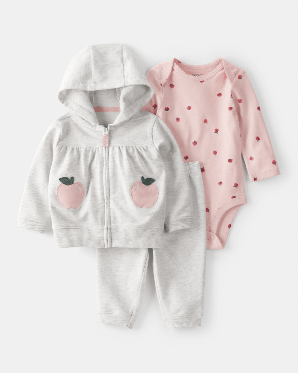 Conjunto 3 piezas cárdigan gris con manzana, body y pantalón