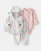 Conjunto 3 piezas cárdigan gris con manzana, body y pantalón