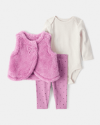 Conjunto 3 piezas chaleco de peluche, body y pantalón floral