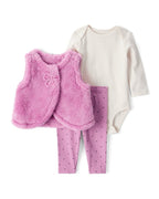 Conjunto 3 piezas chaleco de peluche, body y pantalón floral