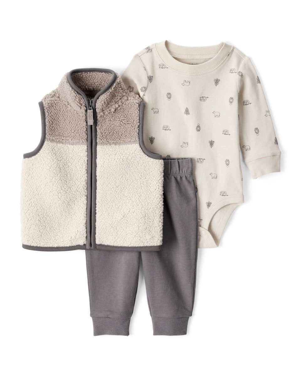 Conjunto 3 piezas chaleco sherpa, body y pantalón neutro