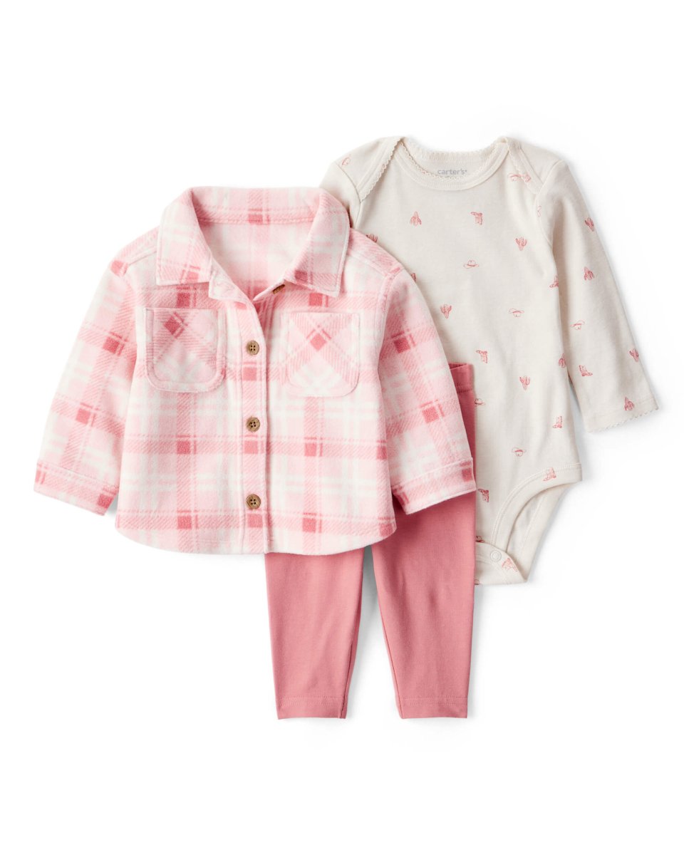 Conjunto de tres piezas con cárdigan rosa de cuadros, body y pantalón