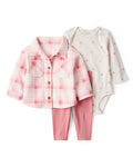 Conjunto de tres piezas con cárdigan rosa de cuadros, body y pantalón