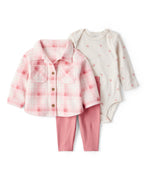 Conjunto de tres piezas con cárdigan rosa de cuadros, body y pantalón