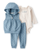 Conjunto 3 piezas con chaleco de lunares y body estampado
