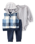 Conjunto 3 piezas con chaleco a cuadros y capucha