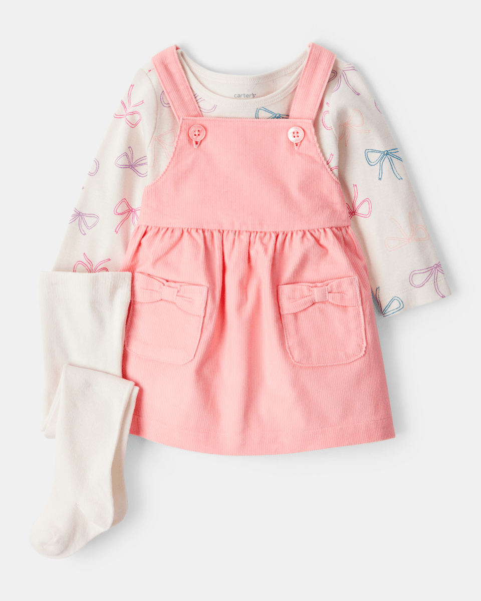 Conjunto 3 piezas con vestido jumper coral y lazos