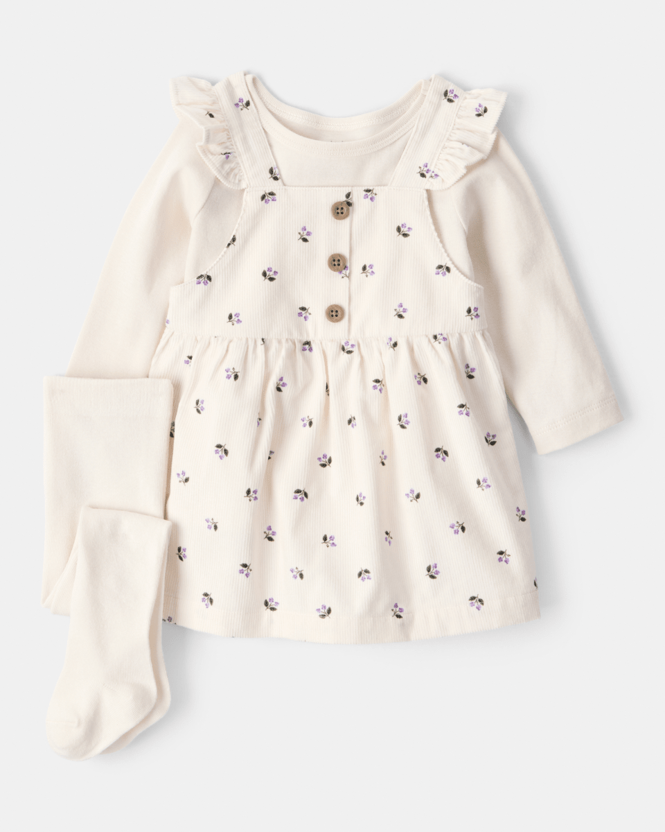 Conjunto 3 piezas con vestido jumper floral de pana