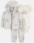 Conjunto 3 piezas de algodón, chaqueta con capucha, pantalón y body, diseño elefante