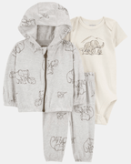 Conjunto 3 piezas de algodón, chaqueta con capucha, pantalón y body, diseño elefante