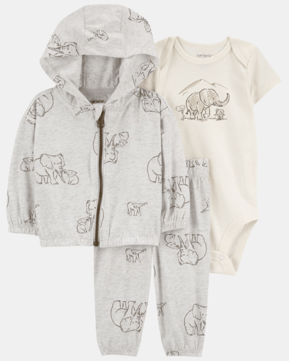 Conjunto 3 piezas de algodón, chaqueta con capucha, pantalón y body, diseño elefante