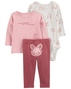 Conjunto tres piezas de algodón, pantalón, camiseta y body, diseño conejos