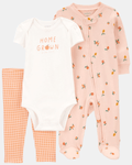 Conjunto 3 piezas de algodón, pijama con pie, pantalón y body, diseño naranjas