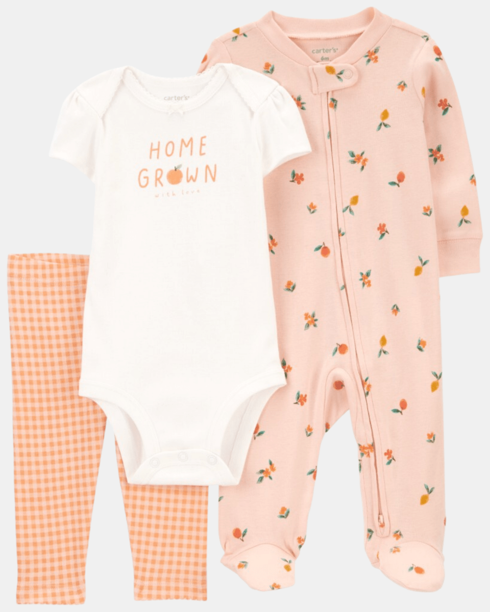 Conjunto 3 piezas de algodón, pijama con pie, pantalón y body, diseño naranjas