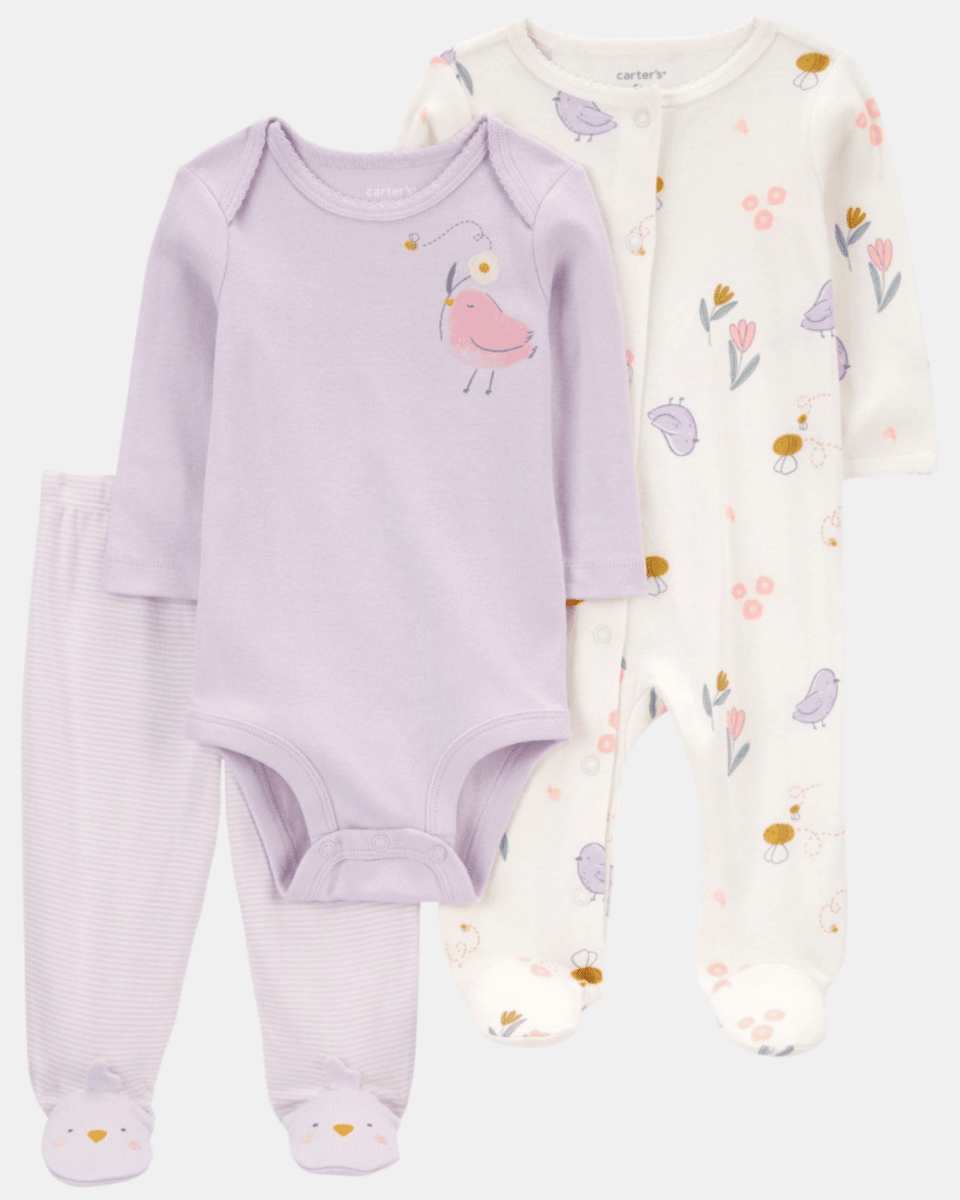 Conjunto 3 piezas de algodón, pijama con pie, pantalón y body, diseño pájaro