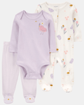Conjunto 3 piezas de algodón, pijama con pie, pantalón y body, diseño pájaro