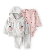 Conjunto 3 piezas cárdigan gris con manzana, body y pantalón