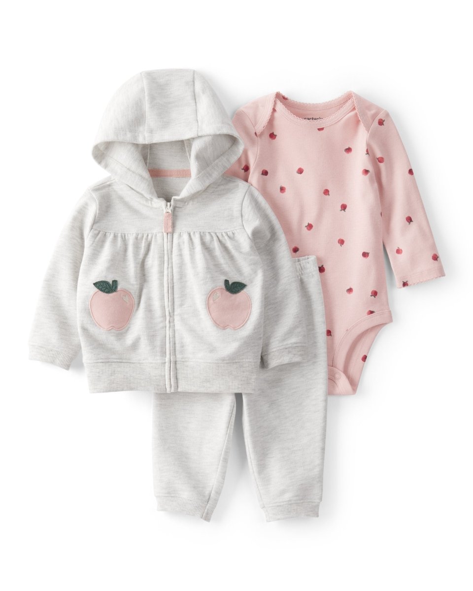 Conjunto 3 piezas cárdigan gris con manzana, body y pantalón