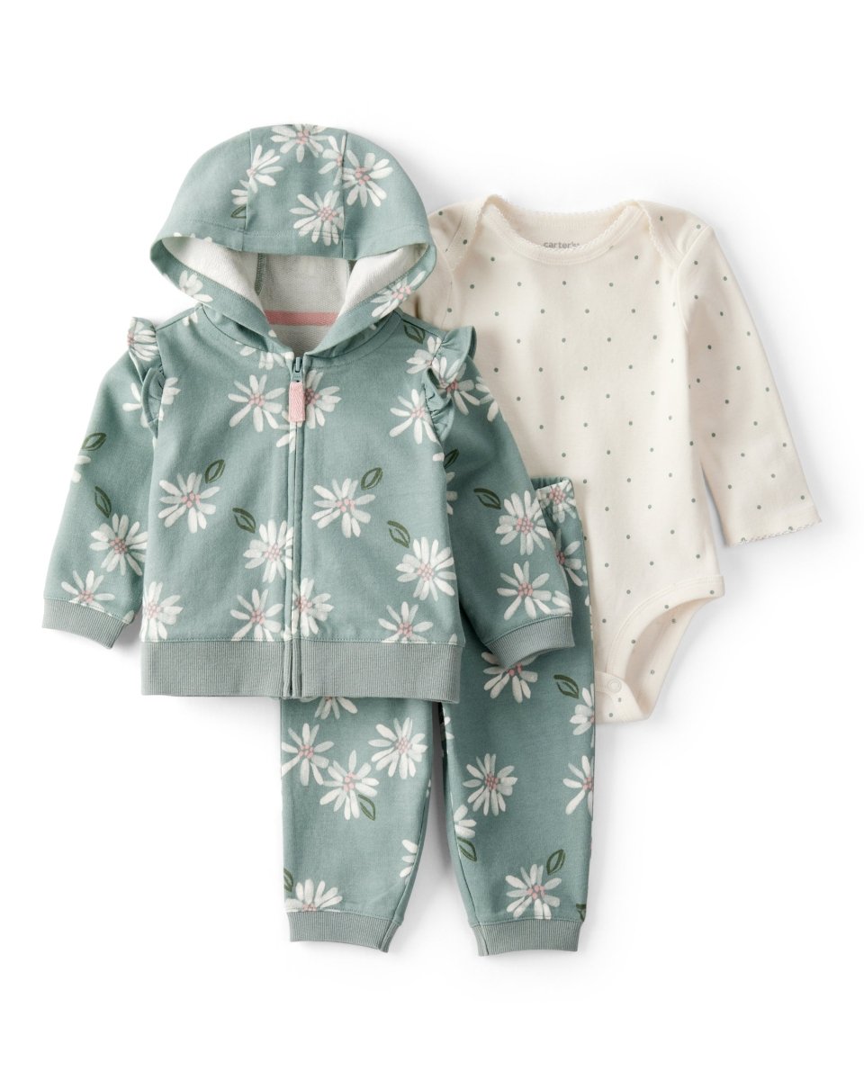 Conjunto 3 piezas cárdigan verde menta, body floral y pantalón