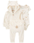 Conjunto tres piezas de chaqueta, pantalón y body corto, diseño koala