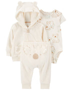 Conjunto tres piezas de chaqueta, pantalón y body corto, diseño koala