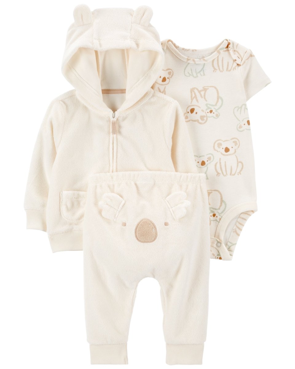 Conjunto tres piezas de chaqueta, pantalón y body corto, diseño koala