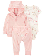 Conjunto tres piezas de chaqueta, pantalón y body corto, diseño oveja