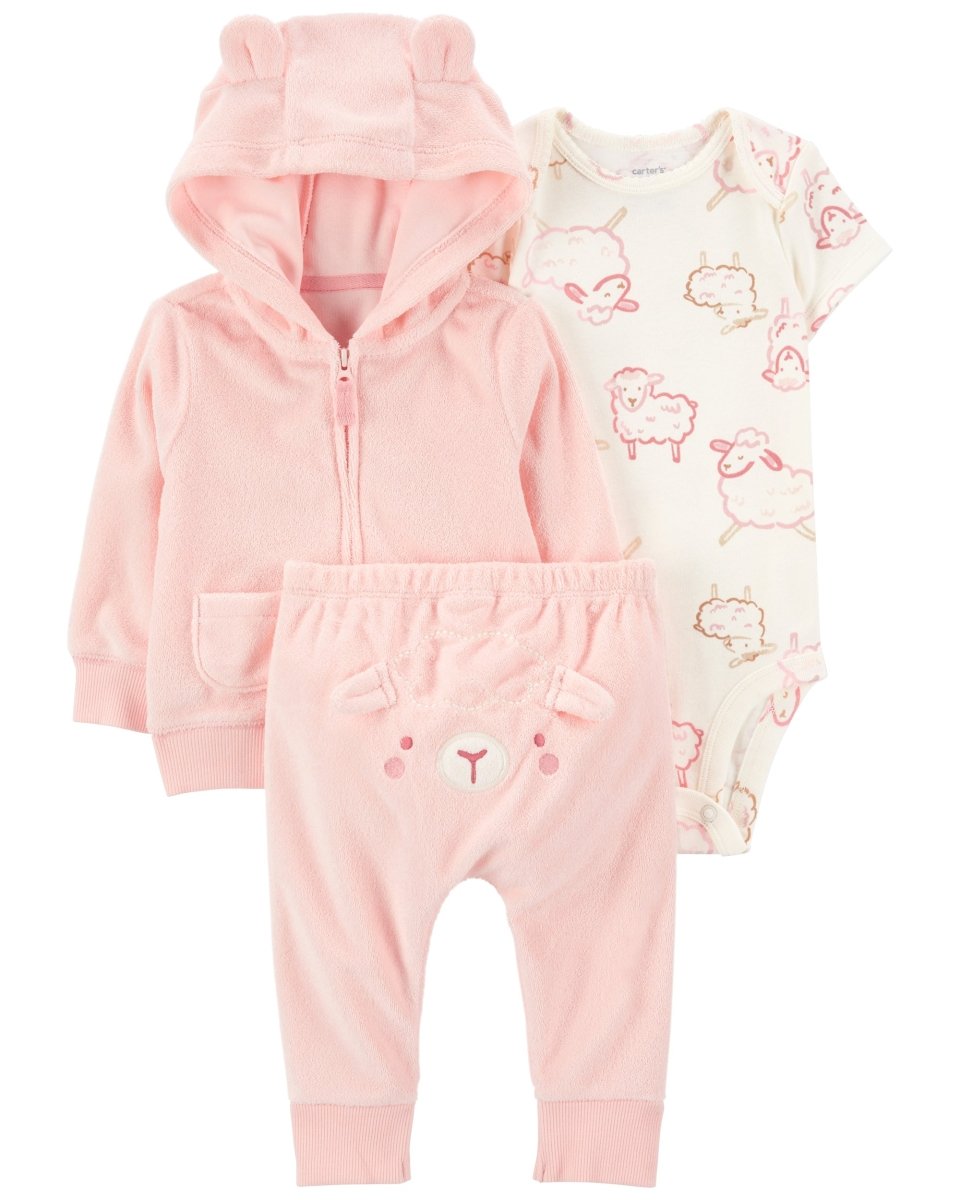 Conjunto tres piezas de chaqueta, pantalón y body corto, diseño oveja