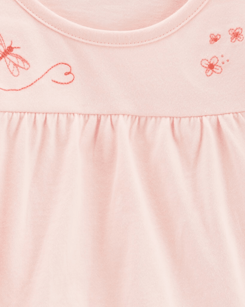 Conjunto 4 piezas, camiseta de algodón, calza, turbante y calcetines, diseño de libélulas en color rosa