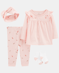 Conjunto 4 piezas, camiseta de algodón, calza, turbante y calcetines, diseño de libélulas en color rosa