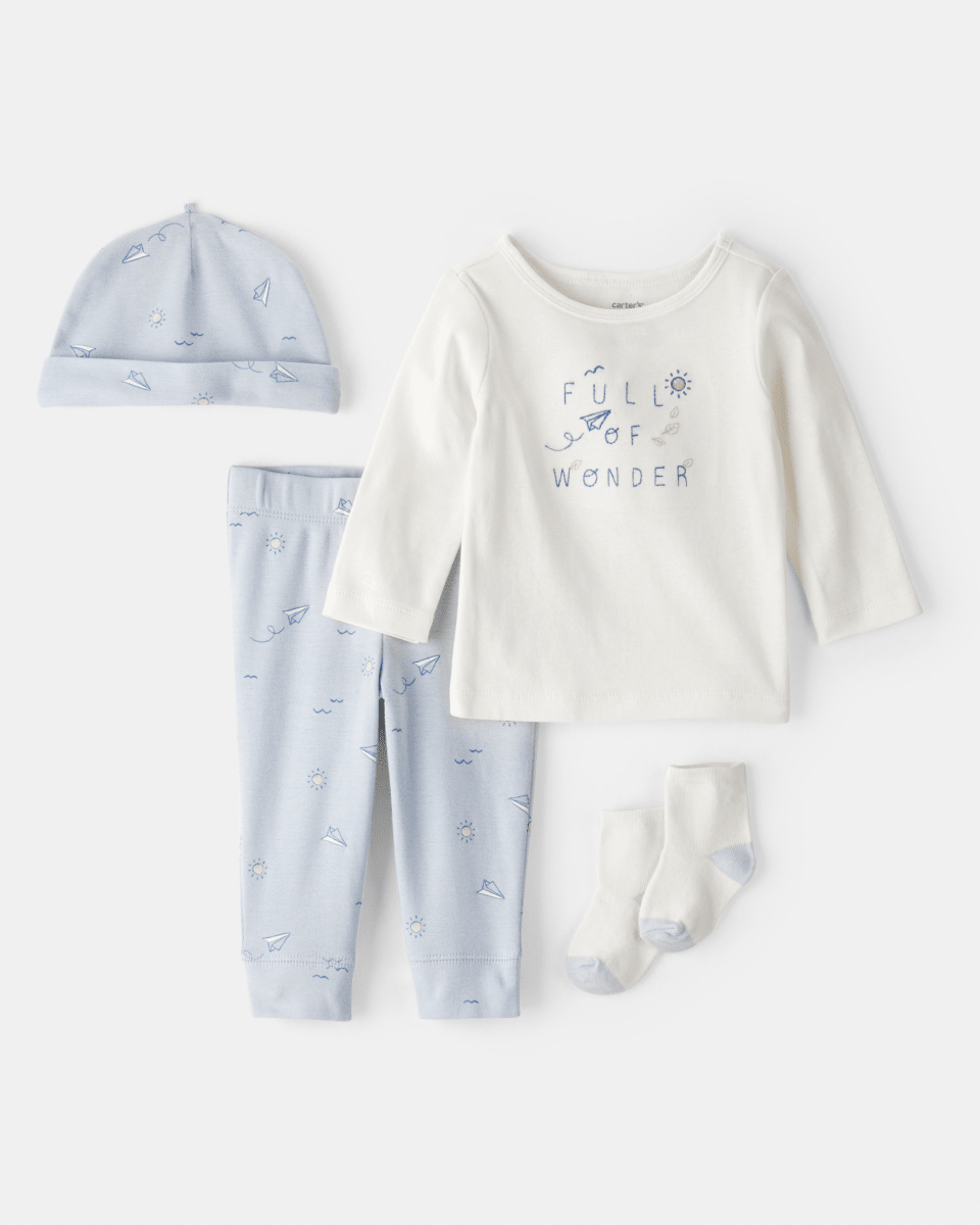 Conjunto 4 piezas de algodón, pantalón, camiseta, gorro y medias