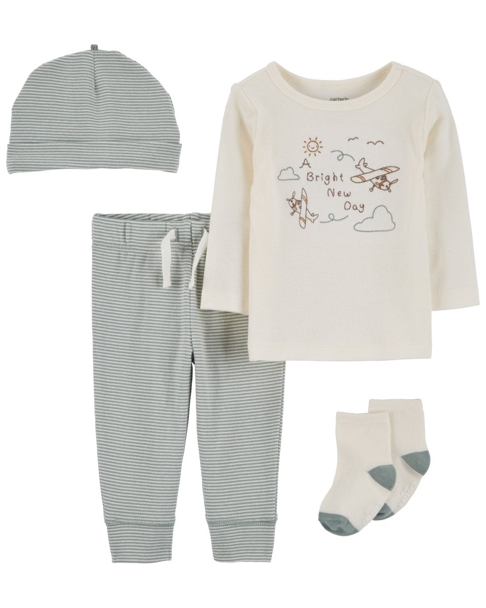 Conjunto 4 piezas de algodón, pantalón, camiseta, medias y gorro, diseño aviones