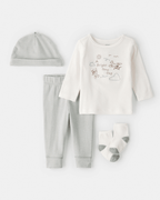 Conjunto 4 piezas de algodón, pantalón, camiseta, medias y gorro, diseño aviones