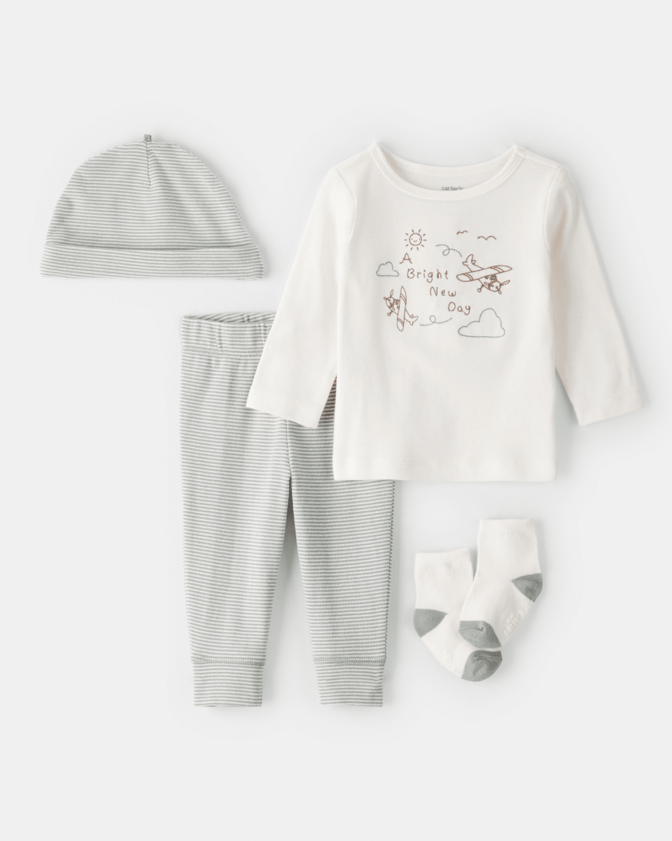 Conjunto 4 piezas de algodón, pantalón, camiseta, medias y gorro, diseño aviones