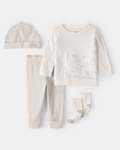 Conjunto 4 piezas de algodón, pantalón, camiseta, medias y gorro, diseño elefante