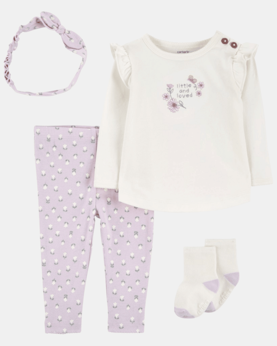 Conjunto 4 piezas de algodón, pantalón, camiseta, medias y vincha, diseño floral