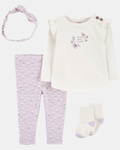 Conjunto 4 piezas de algodón, pantalón, camiseta, medias y vincha, diseño floral